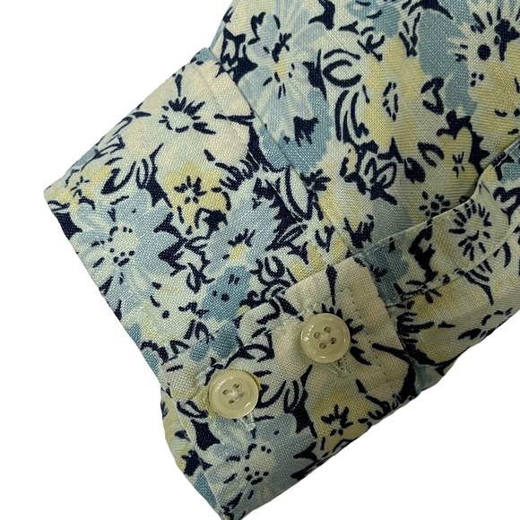 Eddie Bauer Dress 16 Blue Yellow Floral Print Linen Blend Button Front - Picture 4 of 12